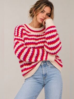 Rebecca Minkoff XXL Cream crew neck tunic Sweater with Pink Fuchsia Stripes